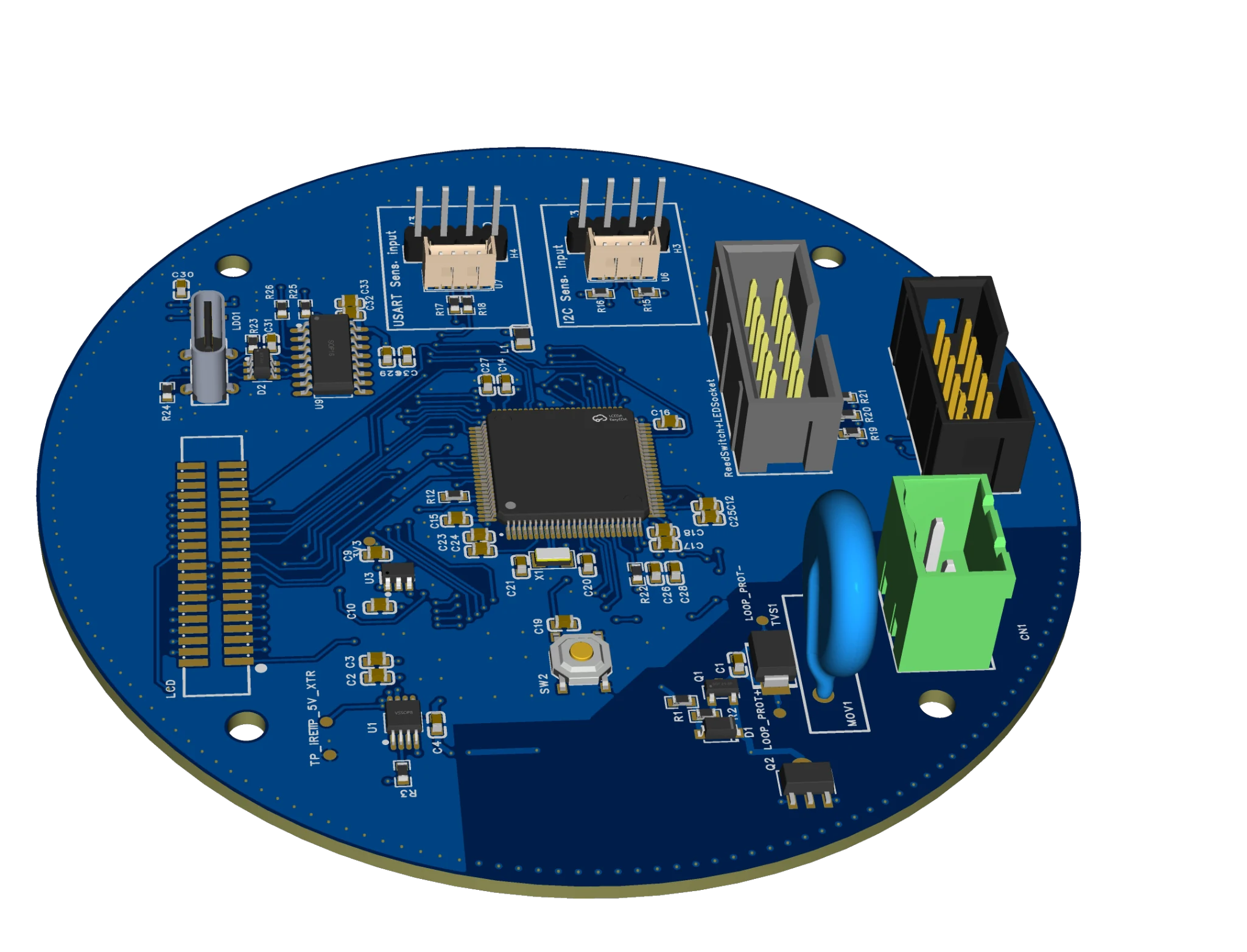 DROBUST 2 telli 4–20 mA transmitter PCB'sinin EasyEDA üç boyutlu görünümü