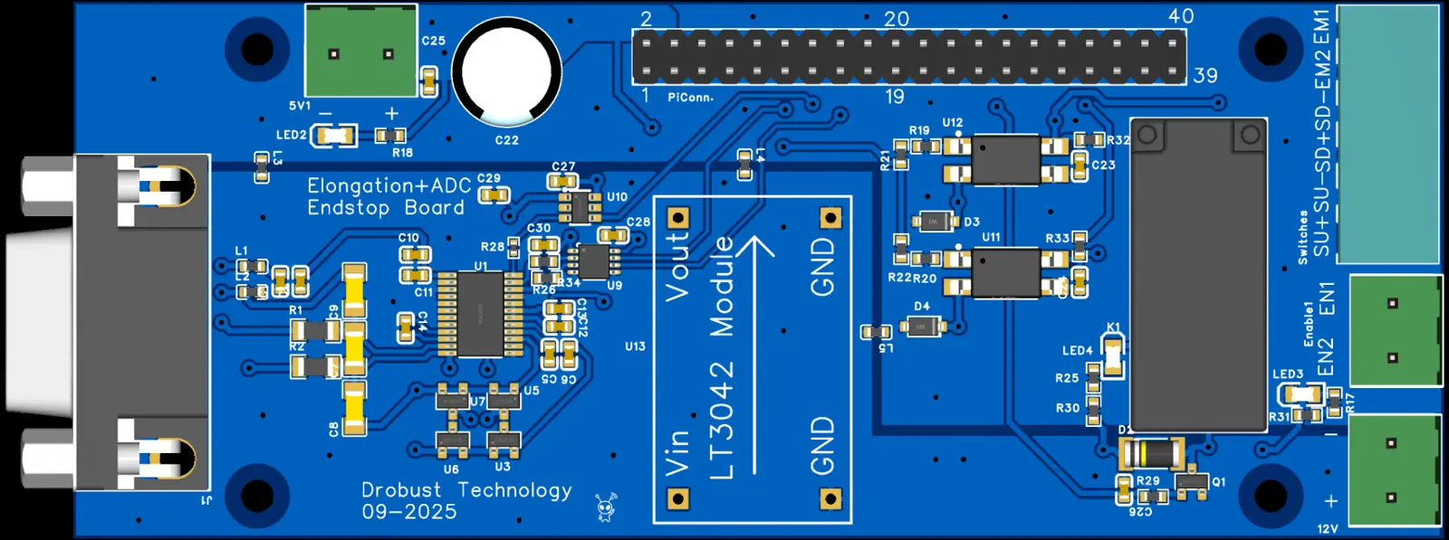 Elongation ADC Endstop kartının üstten bileşen yerleşimi ve PCB tasarımı