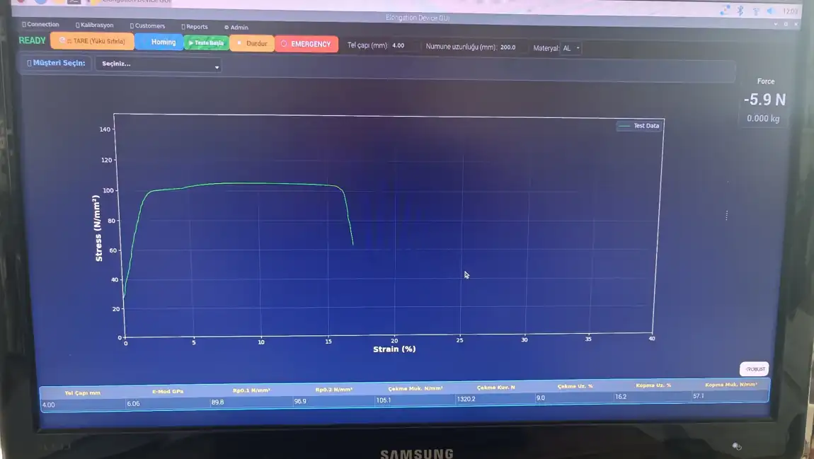 Test yazılımındaki gerilme uzama grafiği