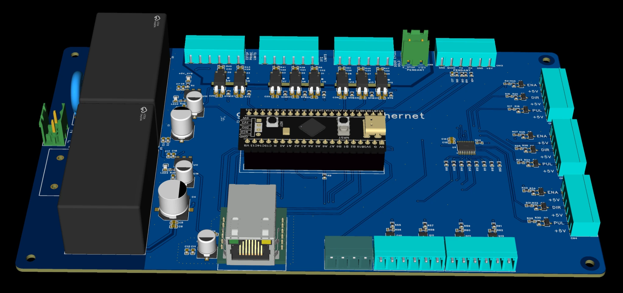 STM32 Blackpill ve W5500 Ethernet tabanlı grblHAL kontrol kartı EasyEDA 3D PCB görünümü