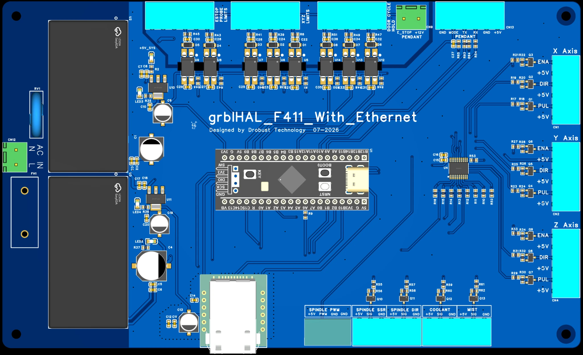 STM32 Blackpill W5500 Ethernet grblHAL kontrol kartının üstten PCB bileşen yerleşimi